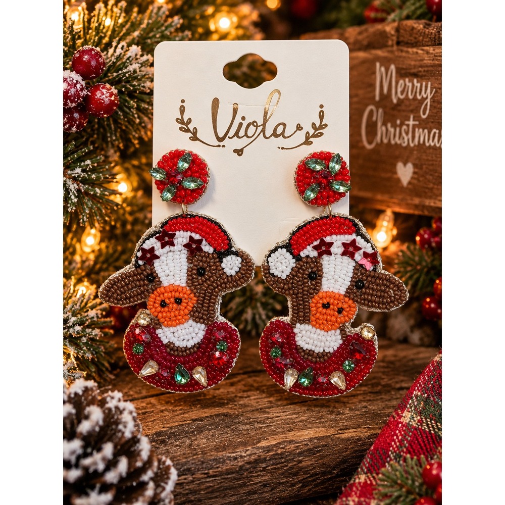 Christmas Cow Seed Bead Earrings Santa Hat Western Holiday